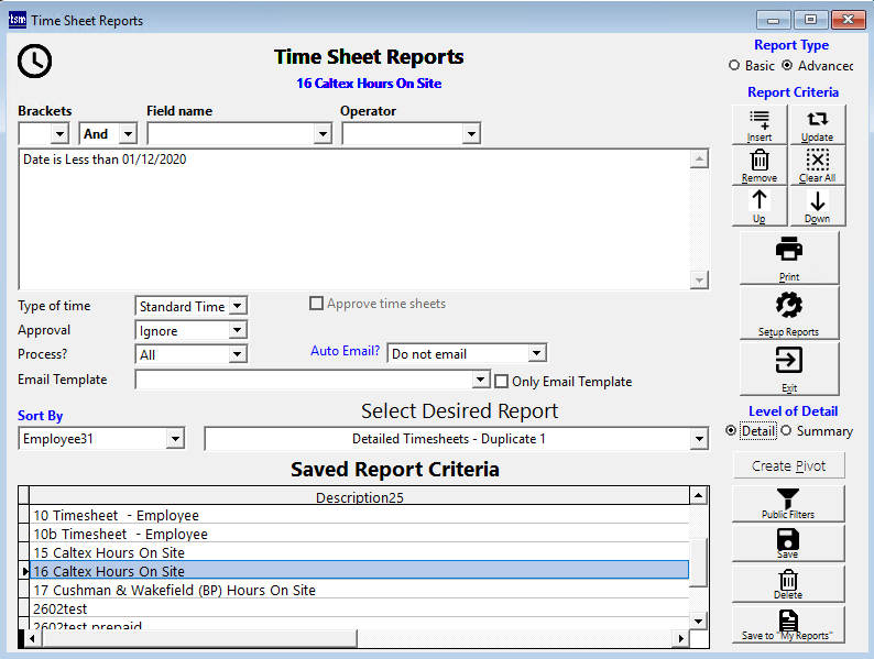 Timesheet Reports screen