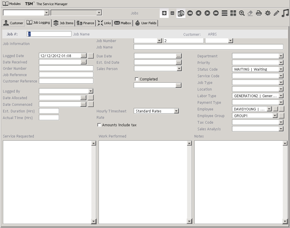 The Job Logging tab of the Jobs Module Screen