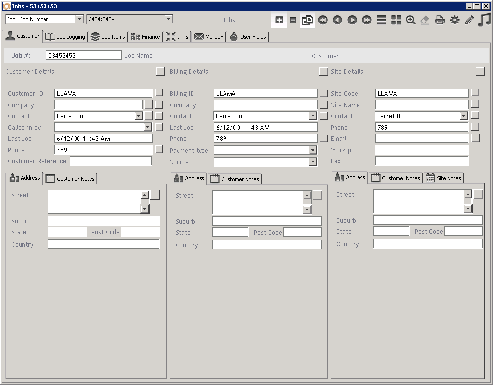 The Customer tab of the Jobs Module Screen