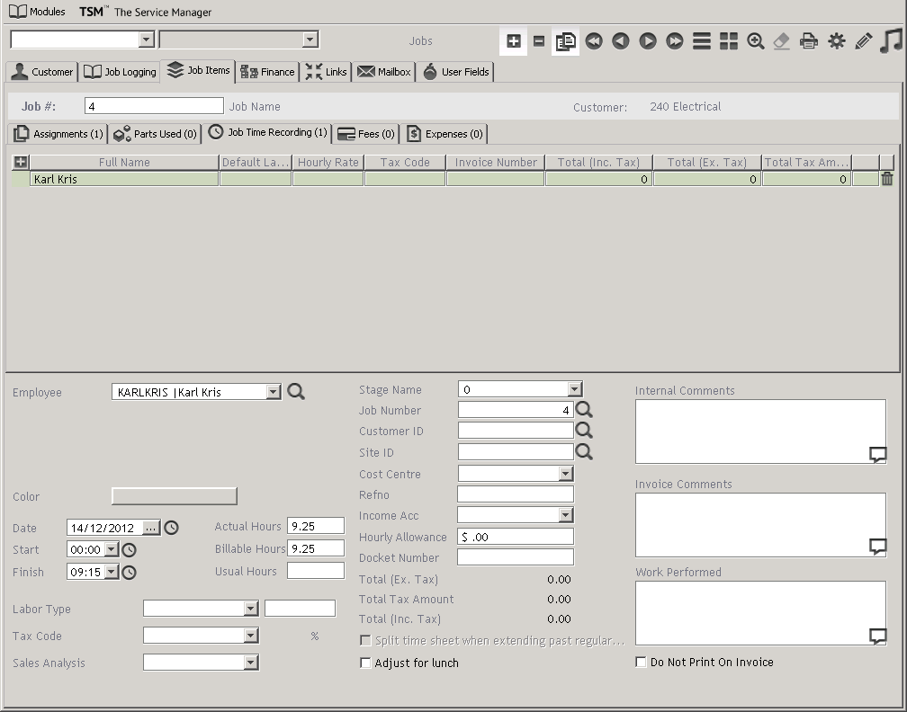 The Job Time Recording tab