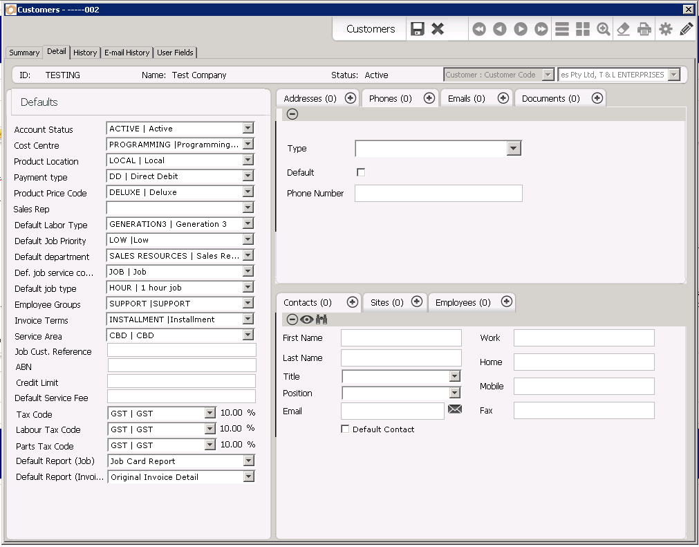 The Detail tab of the Customer Module Screen