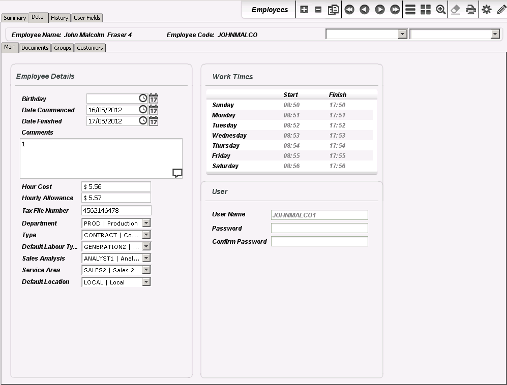 The Detail tab of the Employee Module Screen