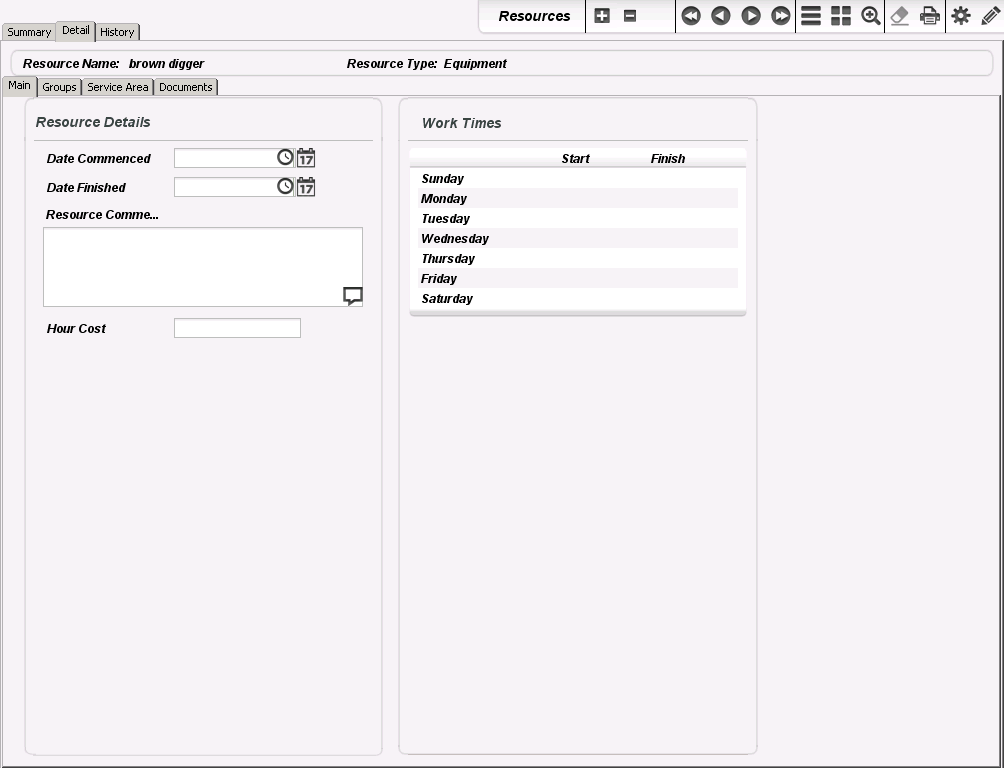 The Detail tab of the Resources Module Screen