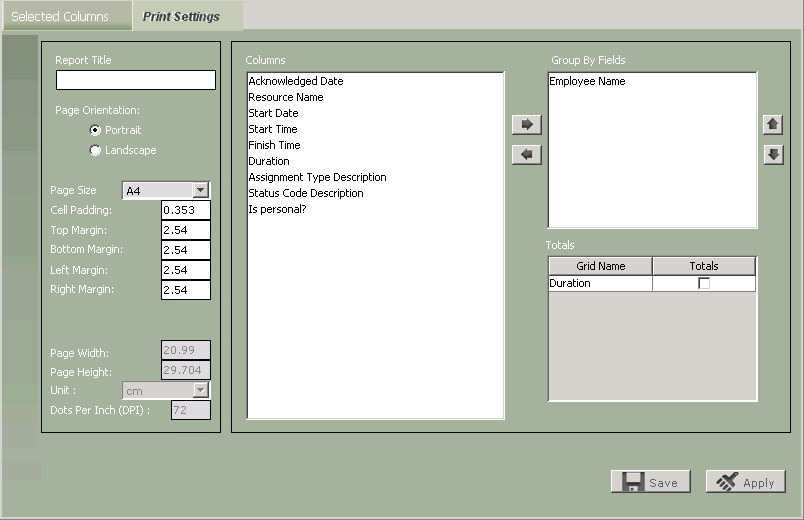 The Print Settings Screen for Grids