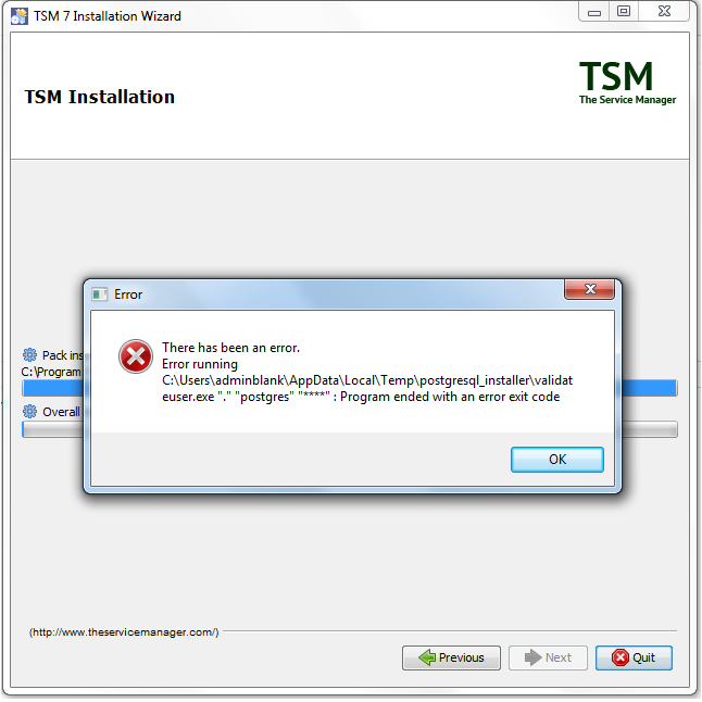 Type of error which may appear when running the installation